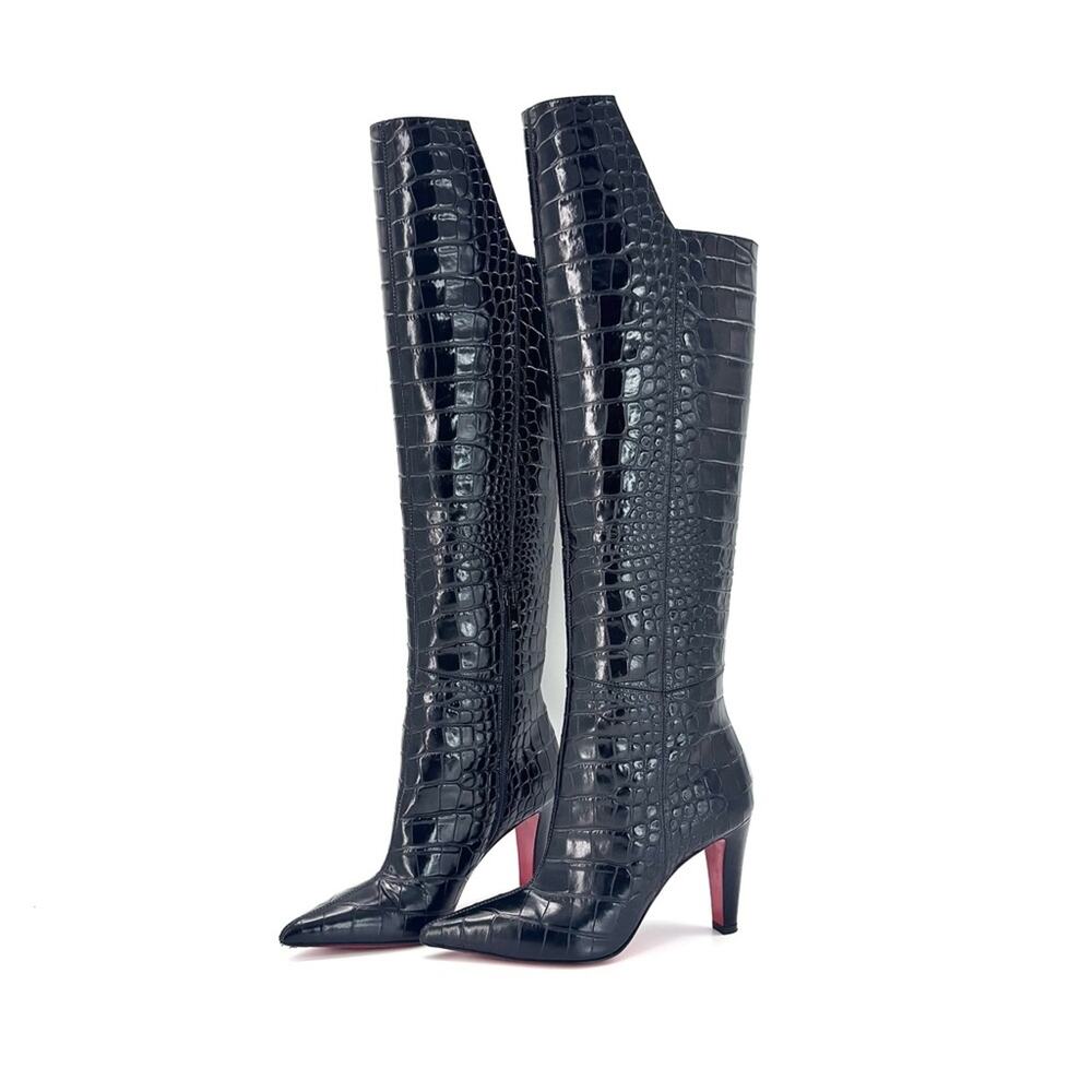 Christian Louboutin Slimini Botta Croc Emboss Knee High Pointed Toe Boots 36